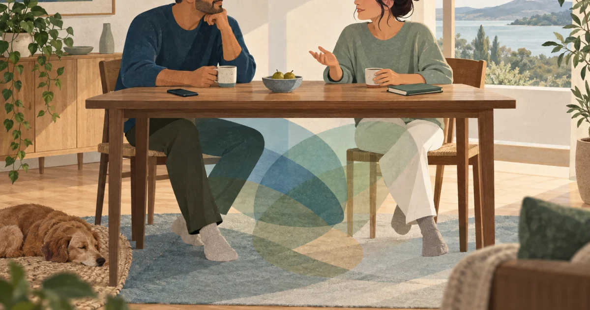 दो illustrated partners dining table के सामने बैठे बात कर रहे हैं, पास में cup, bowl, phone और notebook हैं, और ऊपर blue, teal और sage रंग के overlapping shapes हैं.