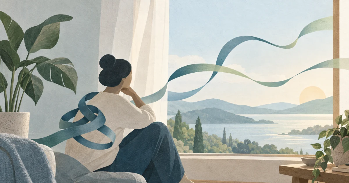 एक abstract figure जो खिड़की और पौधे के पास बैठी है, और उसके पास एक उलझी हुई ribbon नीले, teal, sage, और warm neutral tones में खुलकर ढीले curves में बदल रही है।