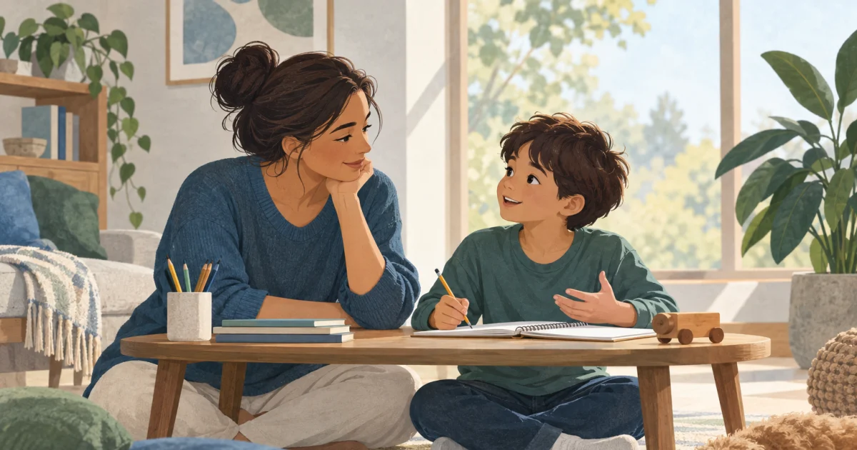 एक illustration में caregiver और child softly lit नीले, teal, और sage कमरे में low table के पास साथ बैठे हैं, जहाँ notebook, pencils, और एक wooden toy रखे हैं।