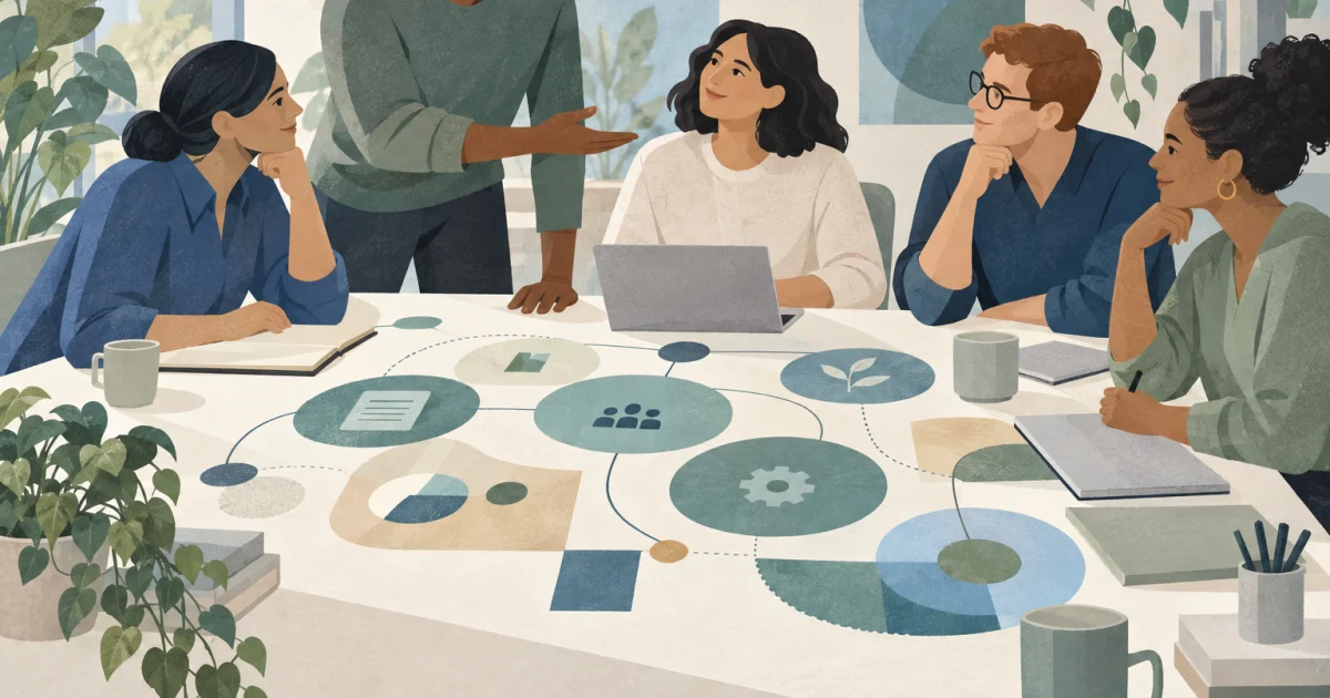 एक स्टाइलिश illustration जिसमें colleagues एक table के आसपास इकट्ठा हैं और interconnected blue, teal और sage shapes से दिखाई गई shared contribution को acknowledge कर रहे हैं।