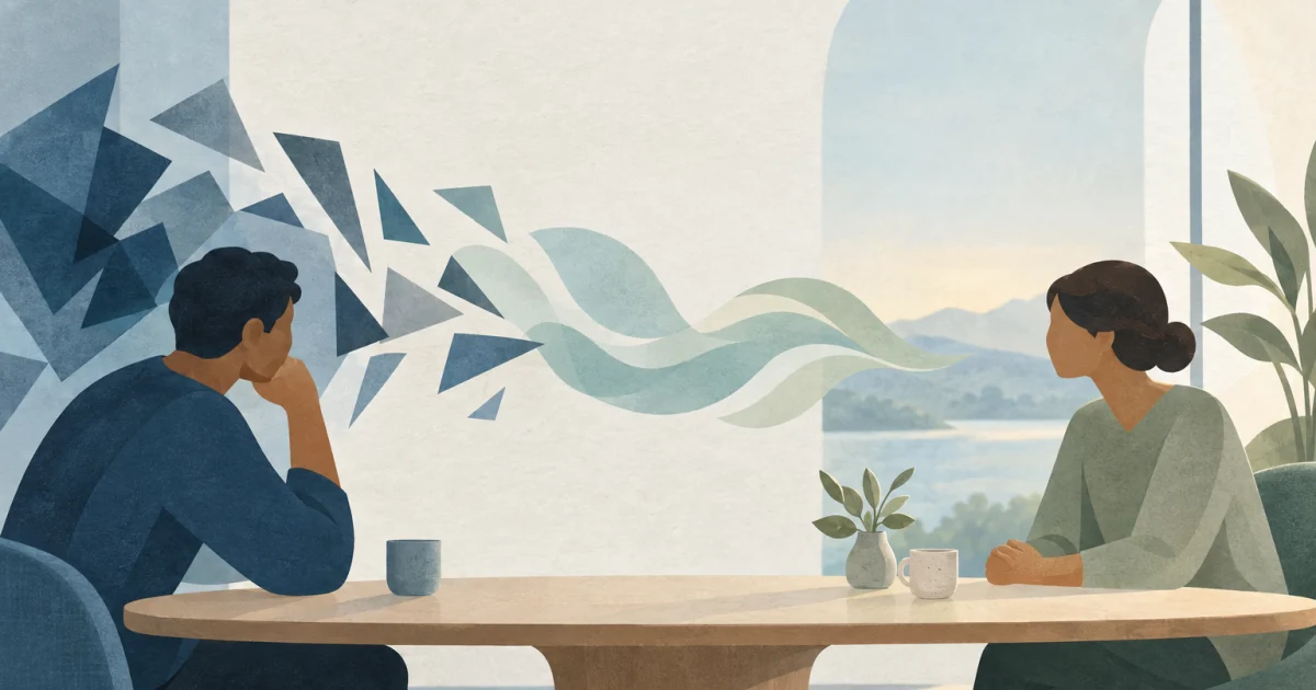 दो stylised figures एक curved table के सामने बैठे हैं, और उनके बीच नीले, teal, sage, और warm neutral tones में angular shapes धीरे-धीरे flowing forms में बदल रहे हैं।