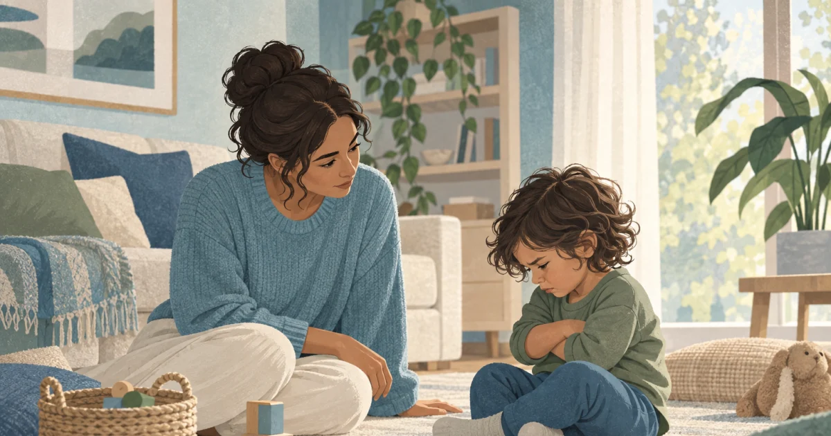 एक caregiver फर्श पर frustrated बच्चे के पास बैठा है, पास में wooden blocks और toy basket रखे हैं, एक soft blue, teal और sage living room में।
