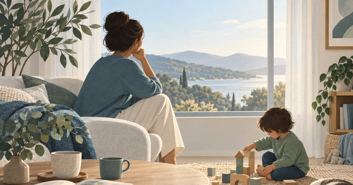 एक illustration जिसमें एक parent खिड़की के पास सोच में बैठा है, पास में बच्चा wooden blocks से खेल रहा है, और आसपास एक किताब, कप्स और leafy plant है; रंग muted blue, teal और sage tones में हैं।