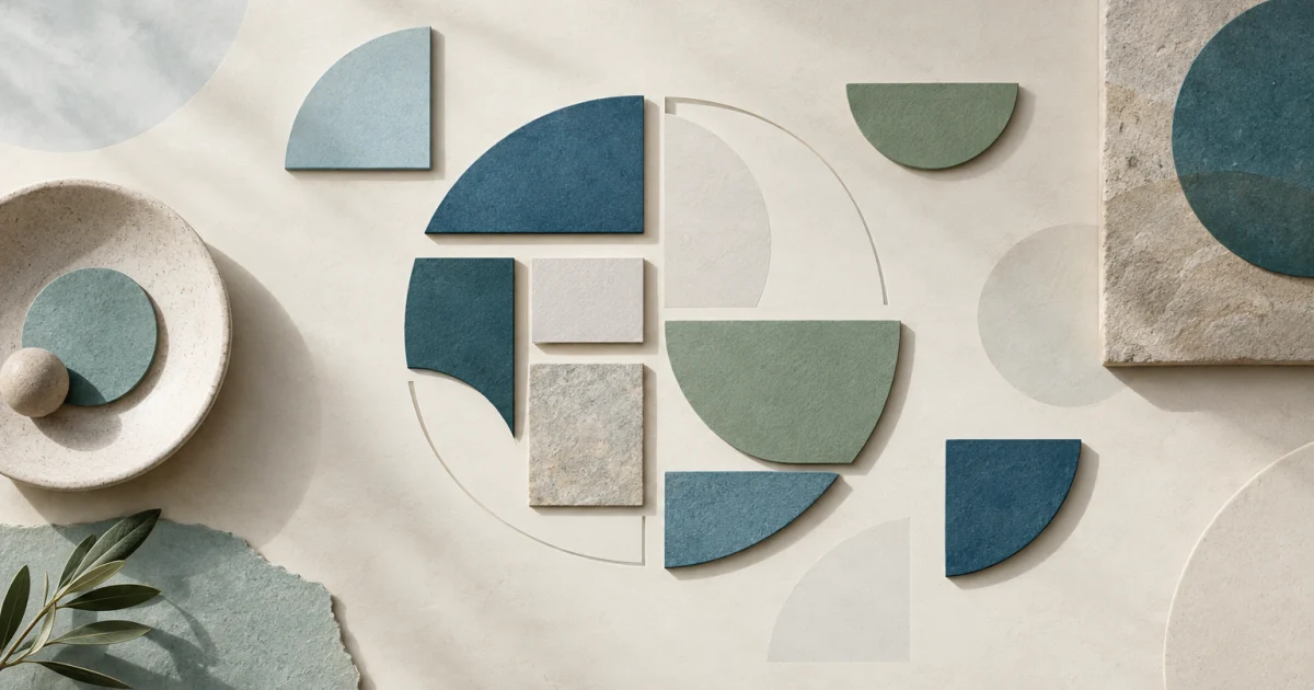 गर्म न्यूट्रल background पर नीले, teal और sage geometric shapes, जिनमें translucent pieces एक टूटे हुए circle और अधूरे mosaic की completion का एहसास देते हैं।