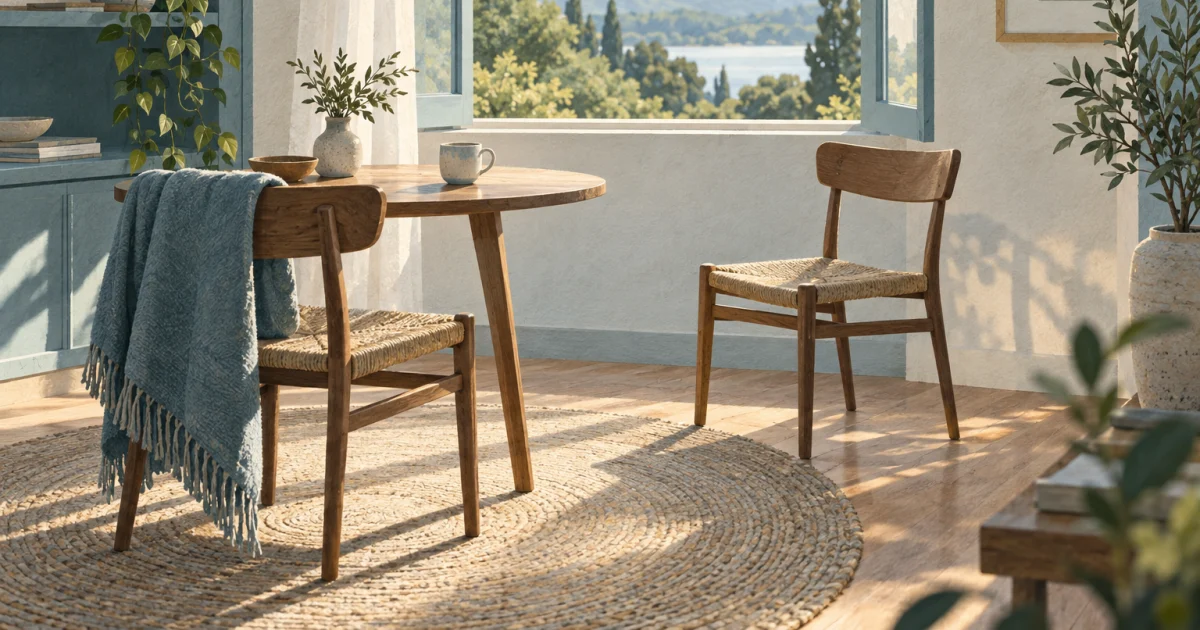 एक नरम, textured illustration जिसमें एक शांत room दिख रहा है—table पर एक cup, थोड़ी दूरी पर दो chairs, और खुले window से greenery दिख रही है, blue, teal, sage और warm neutral tones में.