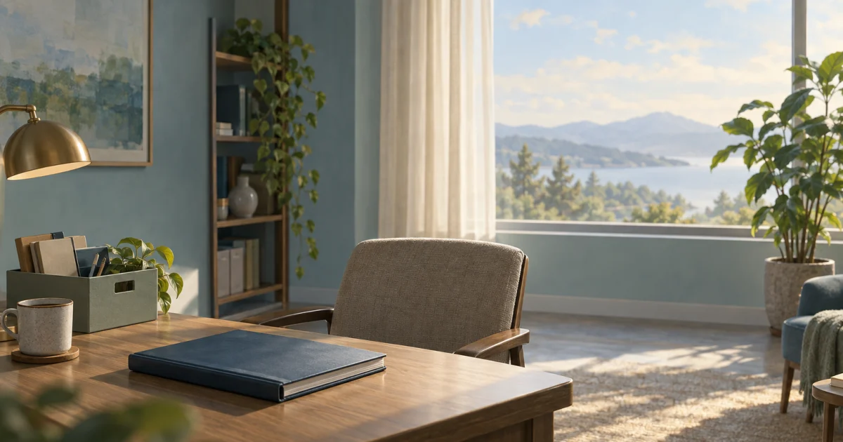 soft window light में एक बंद ledger, work materials का box, एक खाली chair, और एक potted plant वाला शांत workspace.