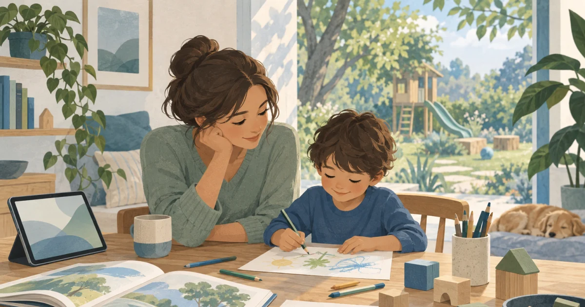 एक बच्चा और एक adult मेज़ पर किताबों, drawings, building blocks और एक tablet के साथ बैठे हैं, पास में खिड़की है जहाँ बाहर हरा-भरा play space दिख रहा है।