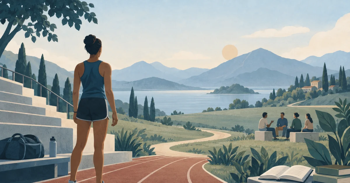 एक stylized athlete running track के पास खड़ा है, और track एक landscape में खुल रहा है जिसमें किताबें, पौधे और बातचीत करते लोग दिख रहे हैं, blue, teal, sage और warm neutral tones में illustrated.
