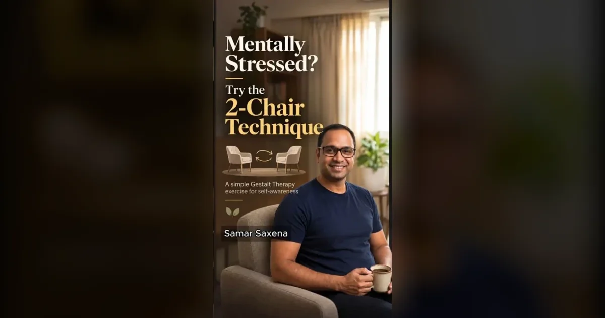 Samar seated in an armchair beside text introducing the two-chair technique for feeling mentally stressed.